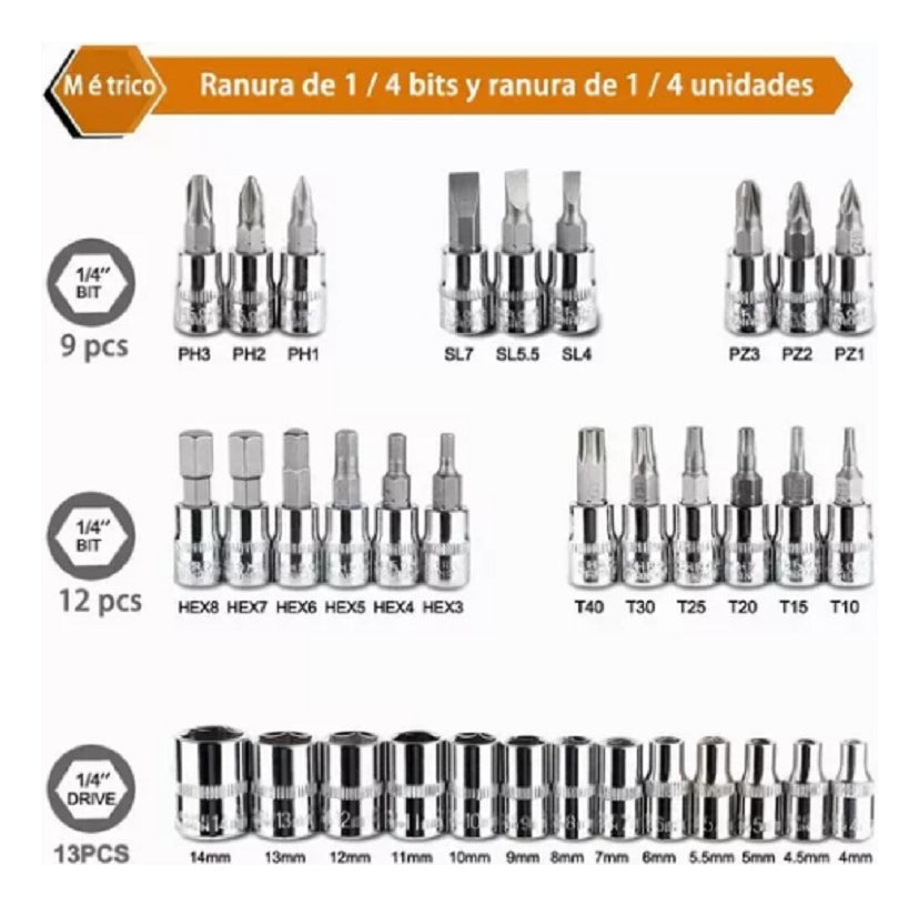 Juego De Herramientas Mecánicas Dados Llaves Acero 46 Pcs