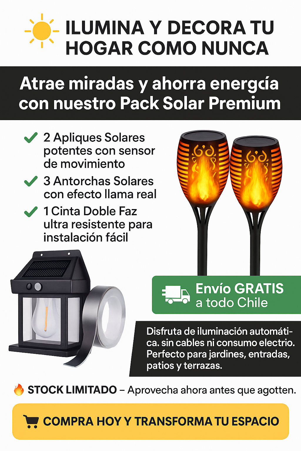 Pack 2 Apliques - 3 Lamparas Solares y Cinta doble Fas de Regalo